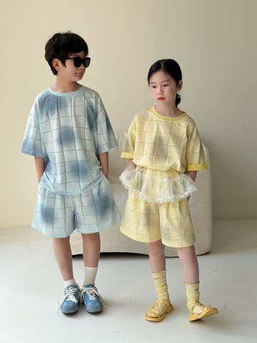 Plaid Textured Shorts Set チェック 半袖Tシャツ ショートパンツ【mh0013128】 KUMAI.KIDS 半袖セットアップ