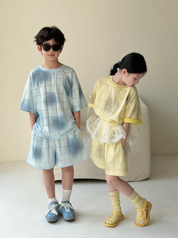 Plaid Textured Shorts Set チェック 半袖Tシャツ ショートパンツ【mh0013128】 KUMAI.KIDS 半袖セットアップ
