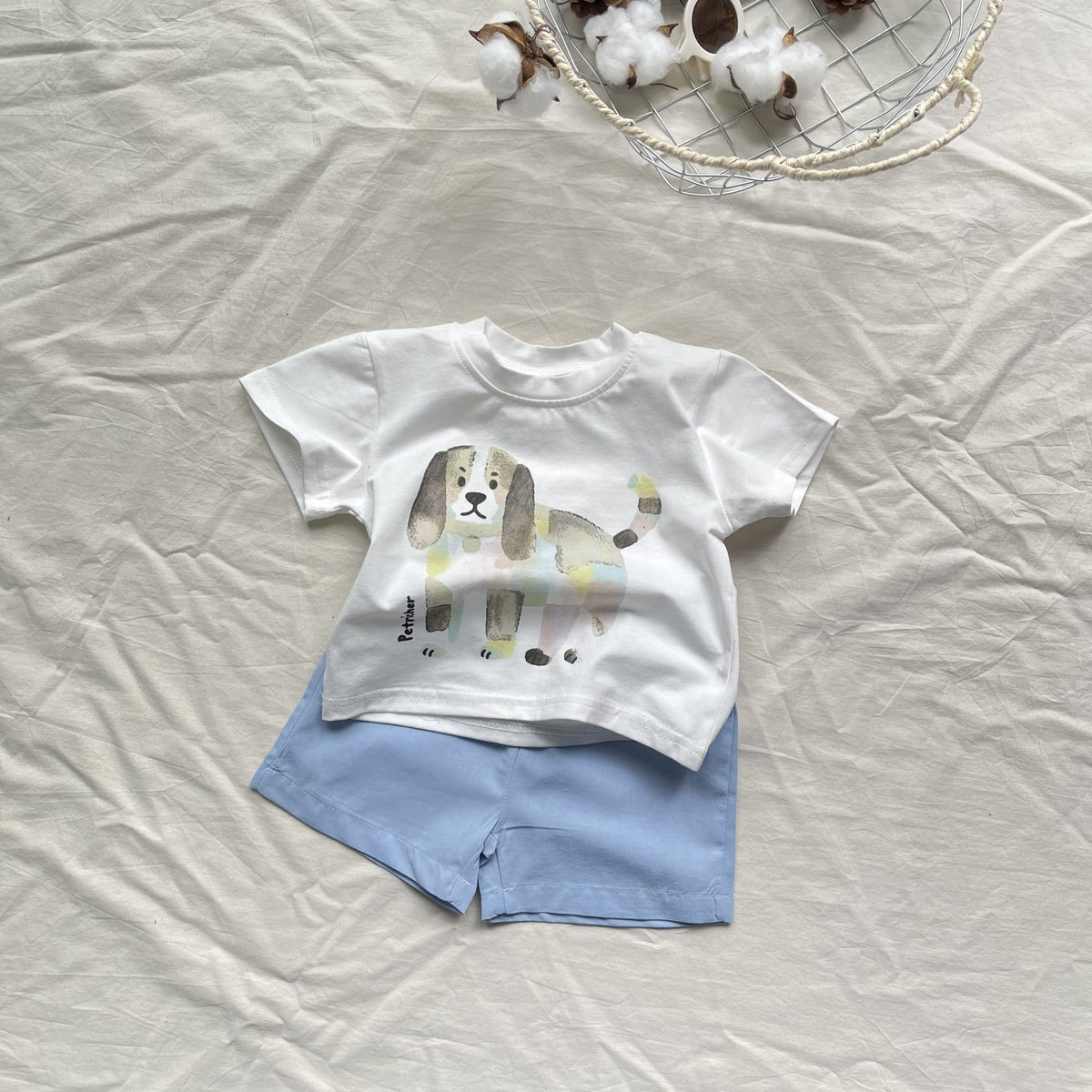 Playful Puppy Short Set 犬 イラスト 半袖Tシャツ ショートパンツセット【mh0012904】 White-blue / 73cm yi nian ni 半袖セットアップ