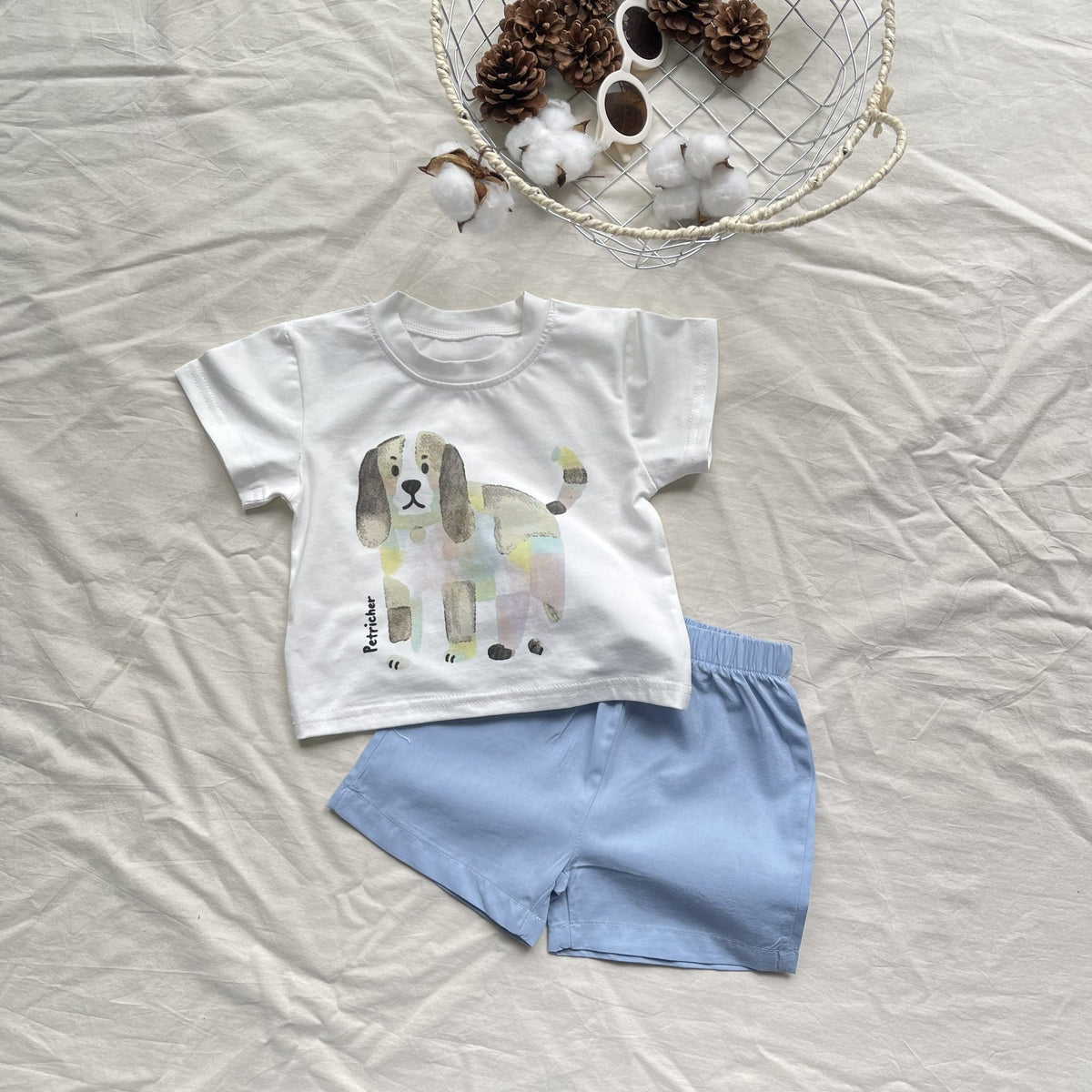 Playful Puppy Short Set 犬 イラスト 半袖Tシャツ ショートパンツセット【mh0012904】 yi nian ni 半袖セットアップ
