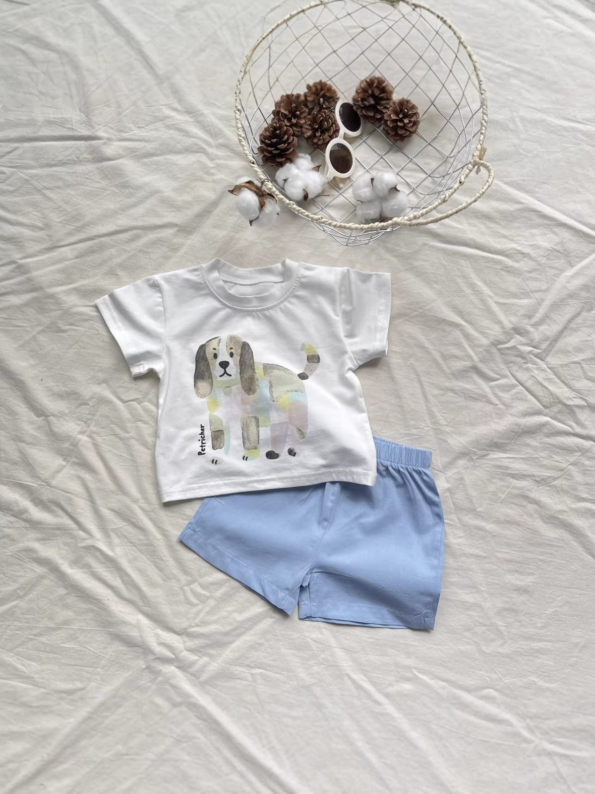 Playful Puppy Short Set 犬 イラスト 半袖Tシャツ ショートパンツセット【mh0012904】 yi nian ni 半袖セットアップ