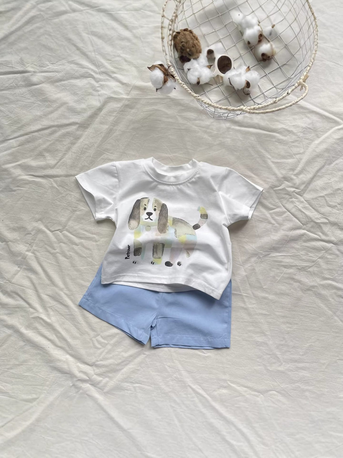 Playful Puppy Short Set 犬 イラスト 半袖Tシャツ ショートパンツセット【mh0012904】 yi nian ni 半袖セットアップ