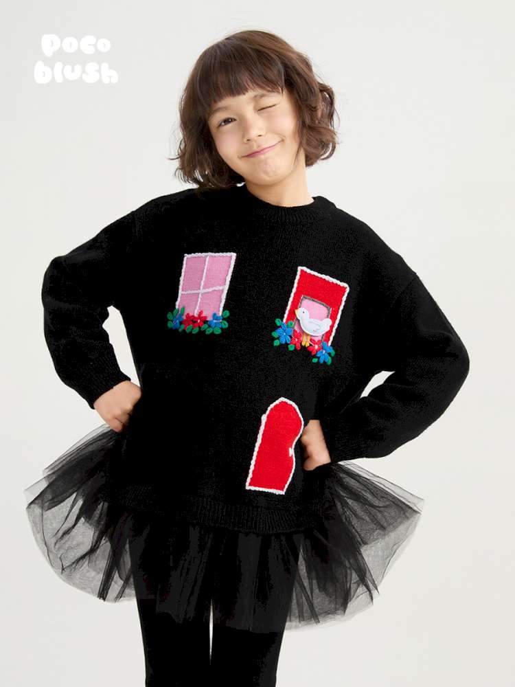 長袖ワンピース Black / 110cm poco blush | Concert Windowsill Mesh Sweater チュール使い ウールニットワンピース【mh0020022】