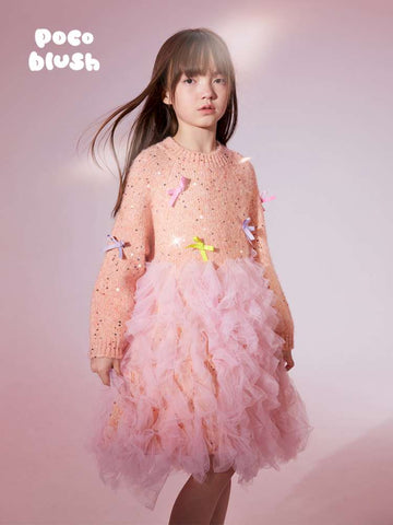 長袖ワンピース Pink / 110cm poco blush | Shining Bow Mesh Sweater Dress リボン チュール ニットワンピース【mh0020004】