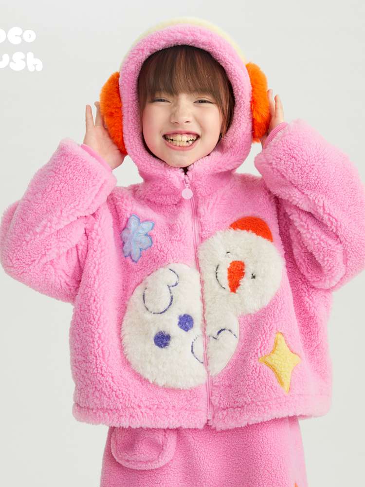 カーディガン・パーカー Pink / 110cm poco blush | Snowman Tumbler Hooded Furry Coat スノーマン フード付き ボアジャケット【mh0020011】