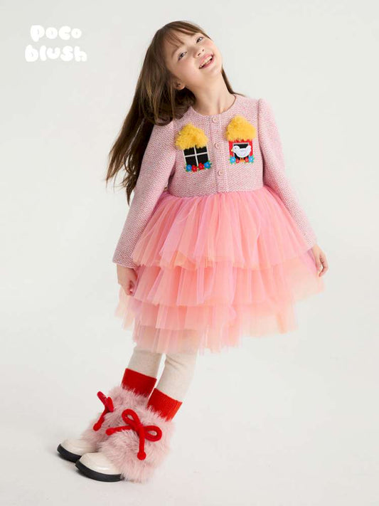 長袖ワンピース poco blush | Concert Windowsill Mesh Dress ツイード風 チュールワンピース【mh0020023】