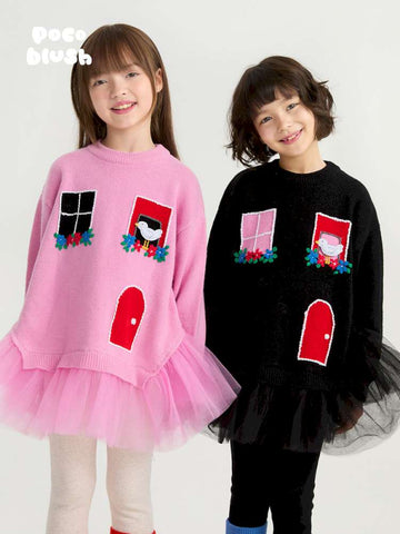 長袖ワンピース poco blush | Concert Windowsill Mesh Sweater チュール使い ウールニットワンピース【mh0020022】