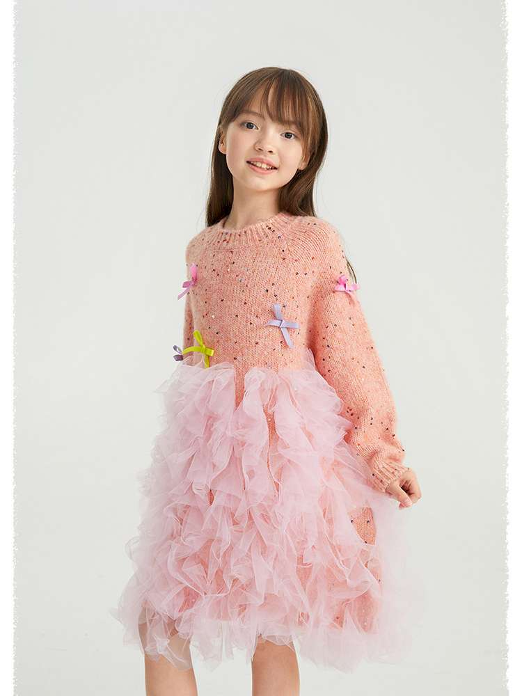 長袖ワンピース poco blush | Shining Bow Mesh Sweater Dress リボン チュール ニットワンピース【mh0020004】