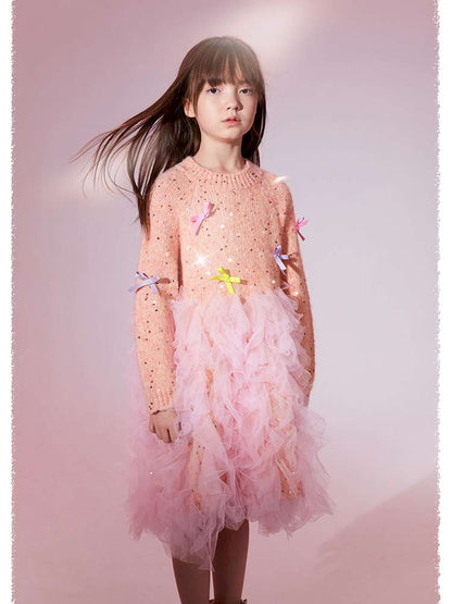 長袖ワンピース poco blush | Shining Bow Mesh Sweater Dress リボン チュール ニットワンピース【mh0020004】