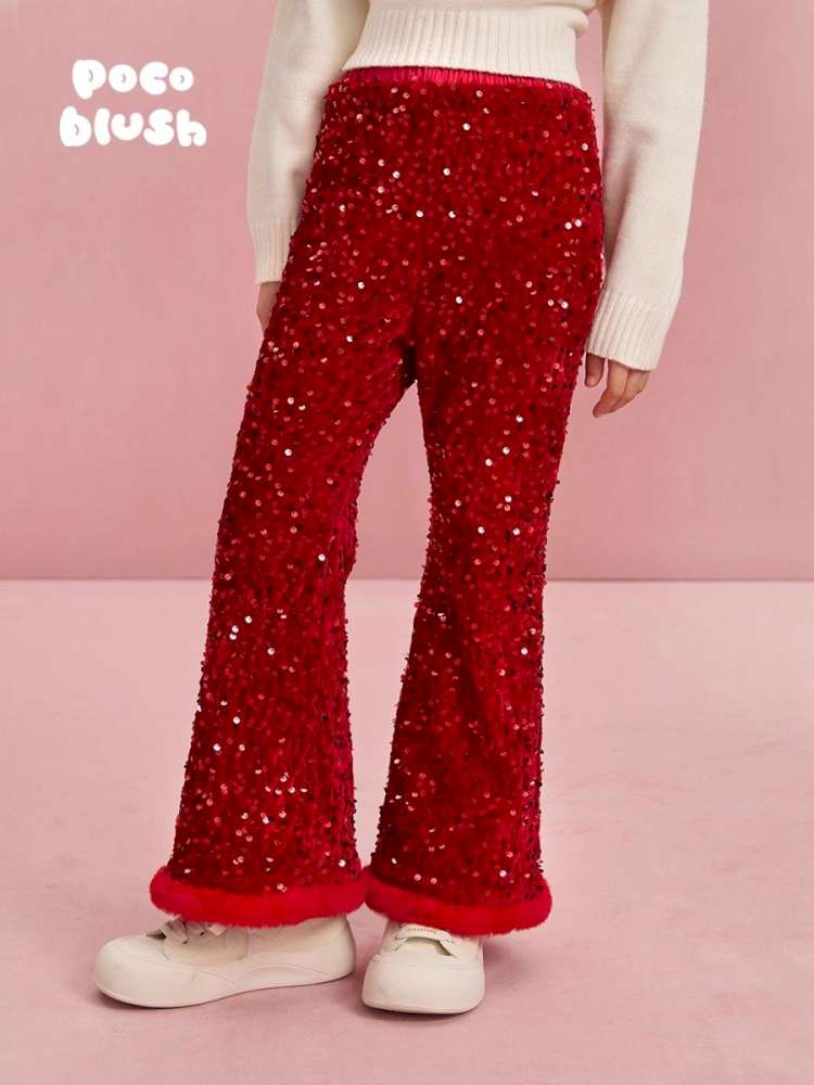 ロングパンツ・スウェットパンツ Red / 110cm poco blush | Sequin Velvet Fleece Flared Pants スパンコール ベルベット フレアパンツ【mh0020012】