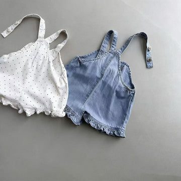Polka Dot Denim Suspender Shorts ドット サロペットパンツ【mh0013283】 yi nian ni サロペットパンツ・サスペンダーパンツ