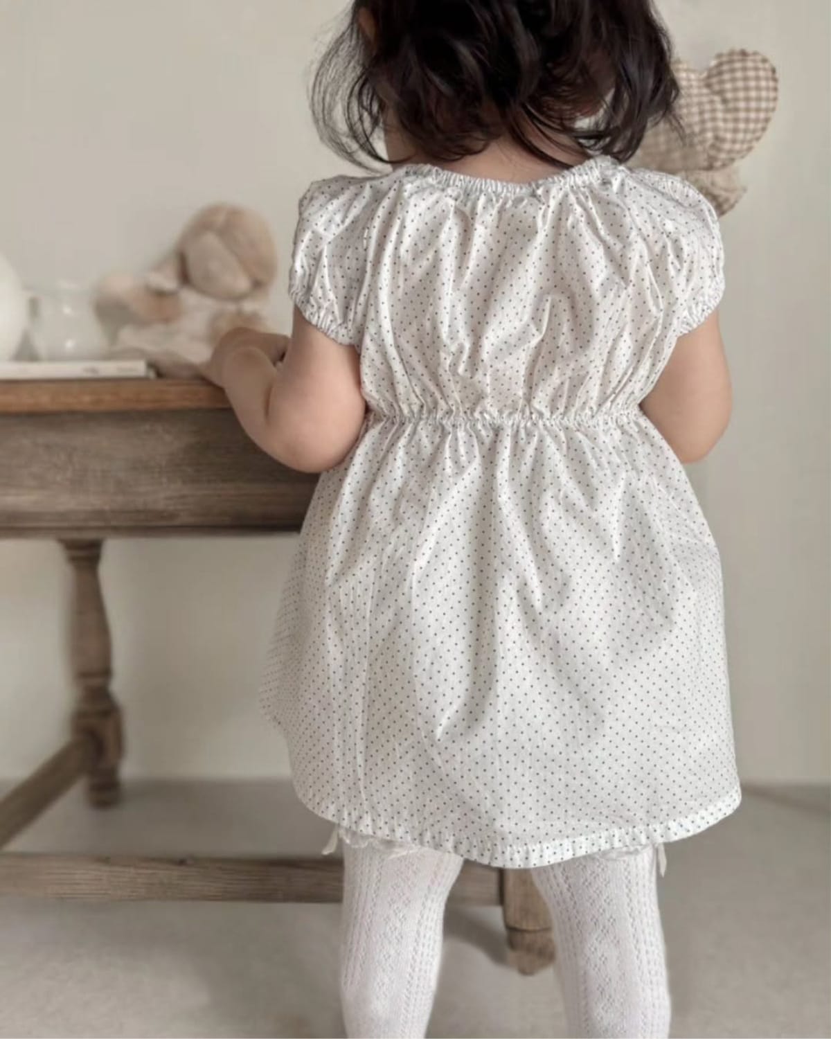 Polka Dot Gathered Waist Dress ドット柄 パフスリーブワンピース【mh0013217】 BBAMMA 半袖ワンピース