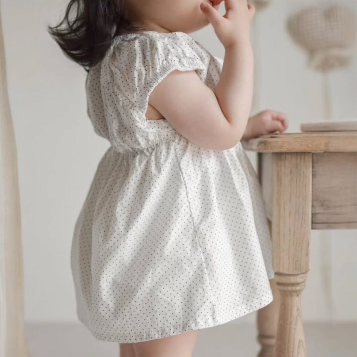 Polka Dot Gathered Waist Dress ドット柄 パフスリーブワンピース【mh0013217】 BBAMMA 半袖ワンピース