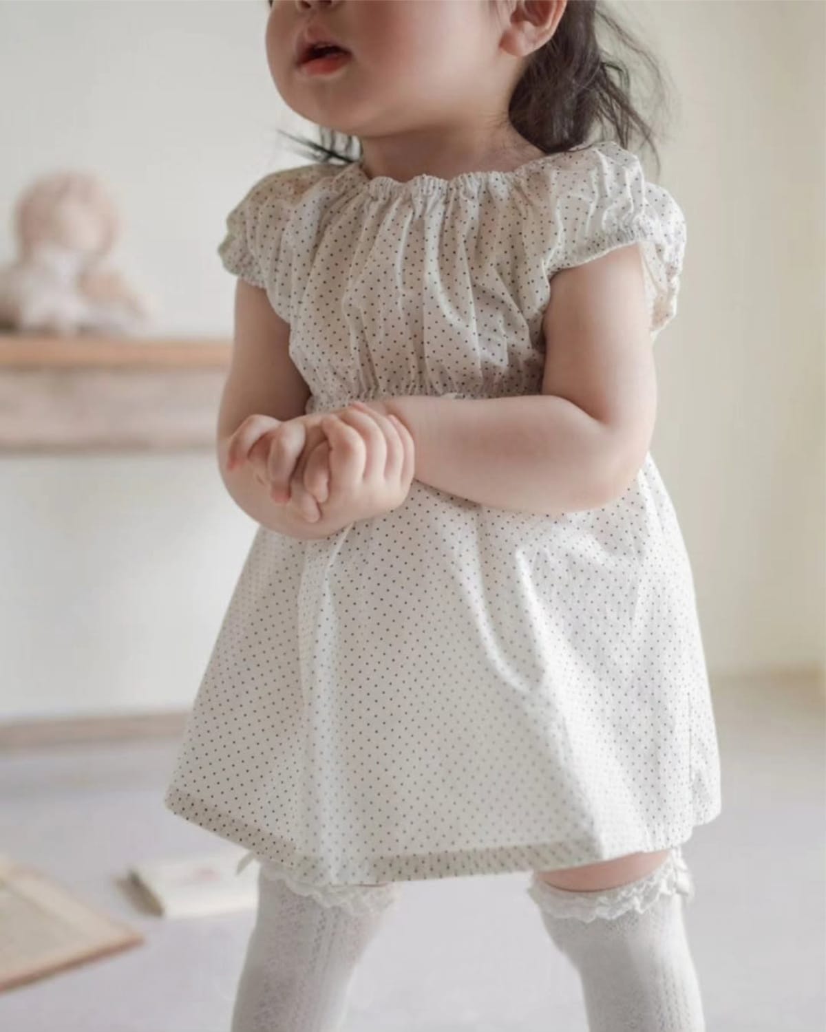Polka Dot Gathered Waist Dress ドット柄 パフスリーブワンピース【mh0013217】 BBAMMA 半袖ワンピース