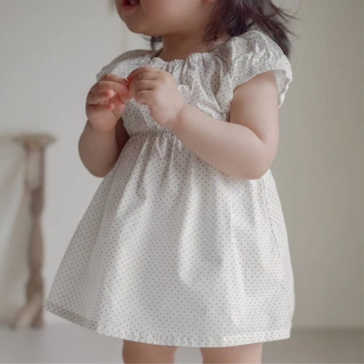 Polka Dot Gathered Waist Dress ドット柄 パフスリーブワンピース【mh0013217】 BBAMMA 半袖ワンピース
