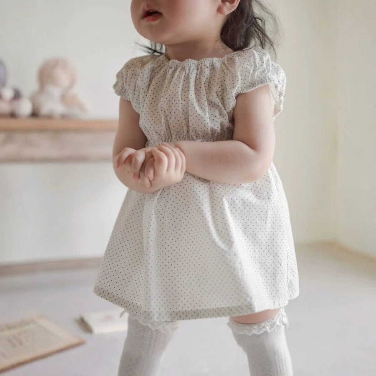 Polka Dot Gathered Waist Dress ドット柄 パフスリーブワンピース【mh0013217】 BBAMMA 半袖ワンピース