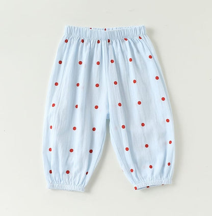 ドット柄ロングパンツ（淡いブルー）赤いドット、総ゴムウエスト、裾リブ
