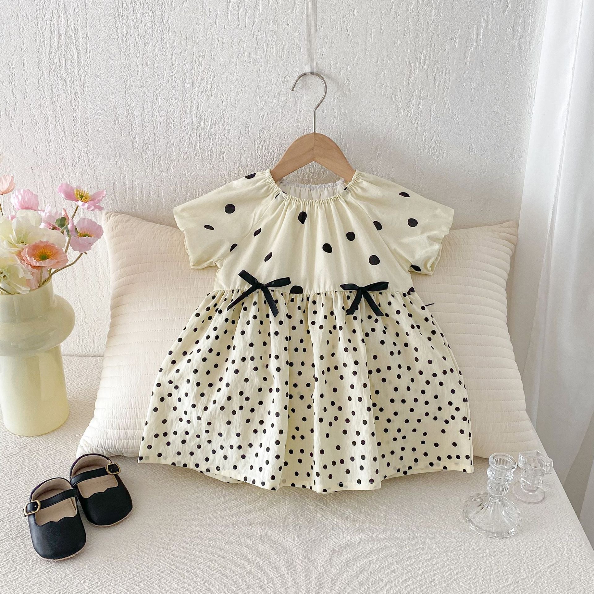Polka Dot Puff Sleeve Ribbon Dress ドット柄 パフスリーブ ワンピース【mh0012726】 angou 半袖ワンピース