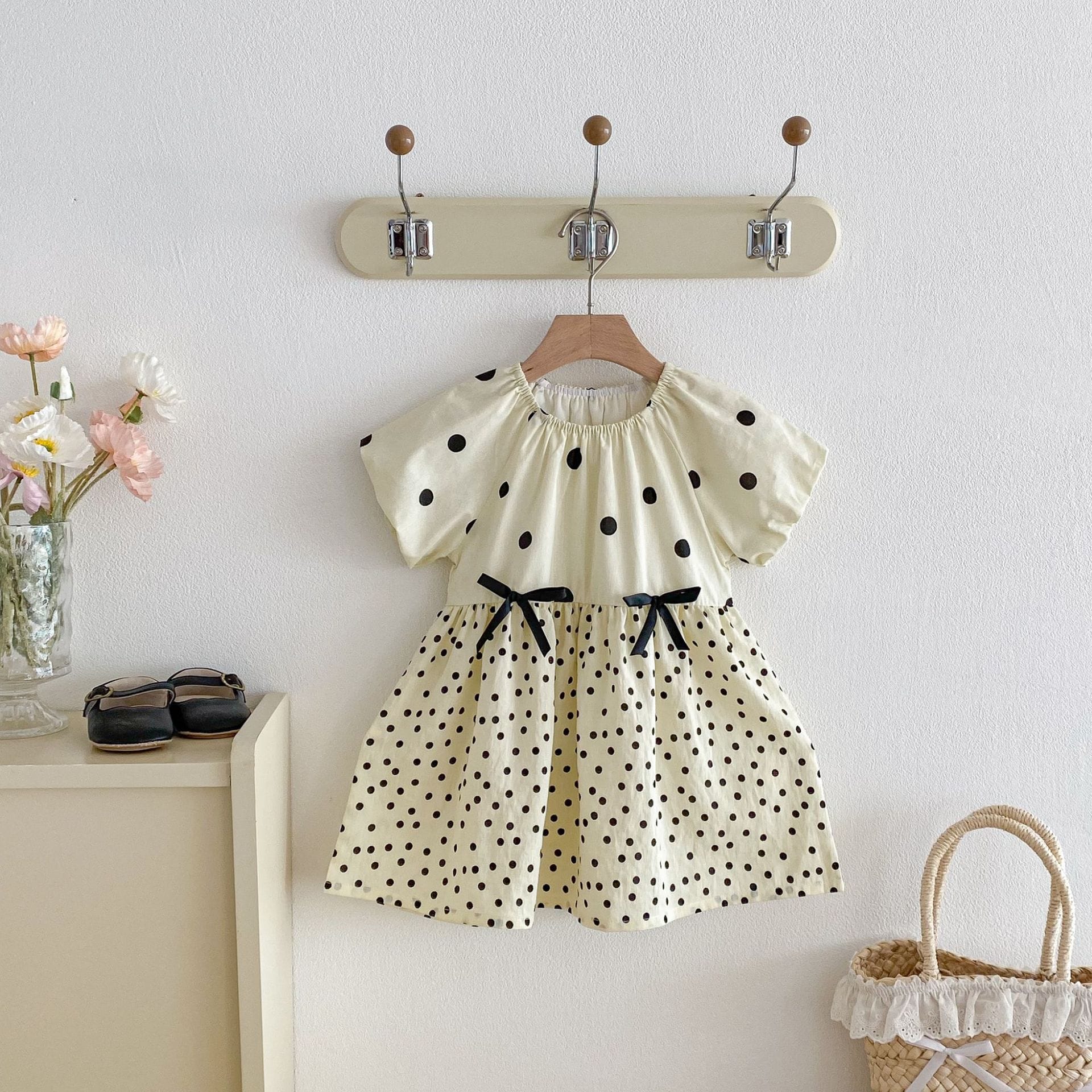 Polka Dot Puff Sleeve Ribbon Dress ドット柄 パフスリーブ ワンピース【mh0012726】 angou 半袖ワンピース