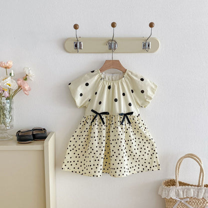 Polka Dot Puff Sleeve Ribbon Dress ドット柄 パフスリーブ ワンピース【mh0012726】 angou 半袖ワンピース