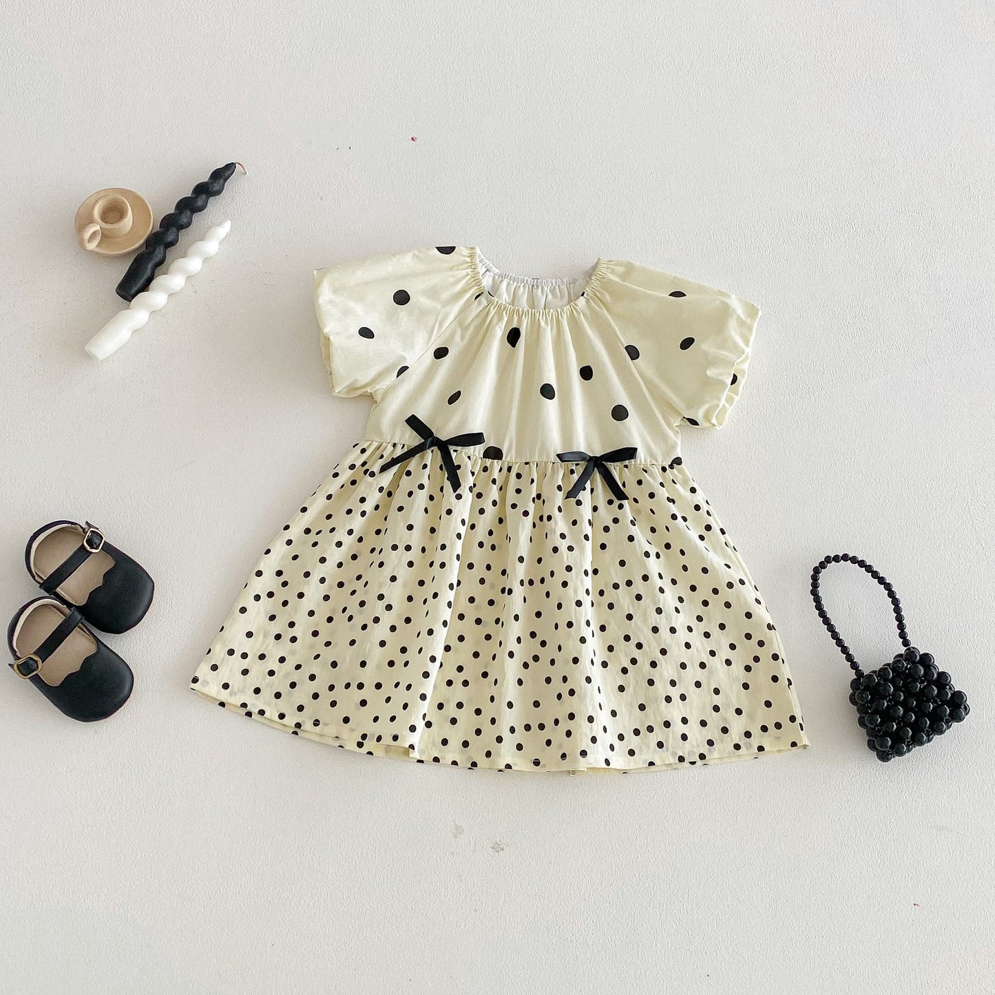 Polka Dot Puff Sleeve Ribbon Dress ドット柄 パフスリーブ ワンピース【mh0012726】 angou 半袖ワンピース