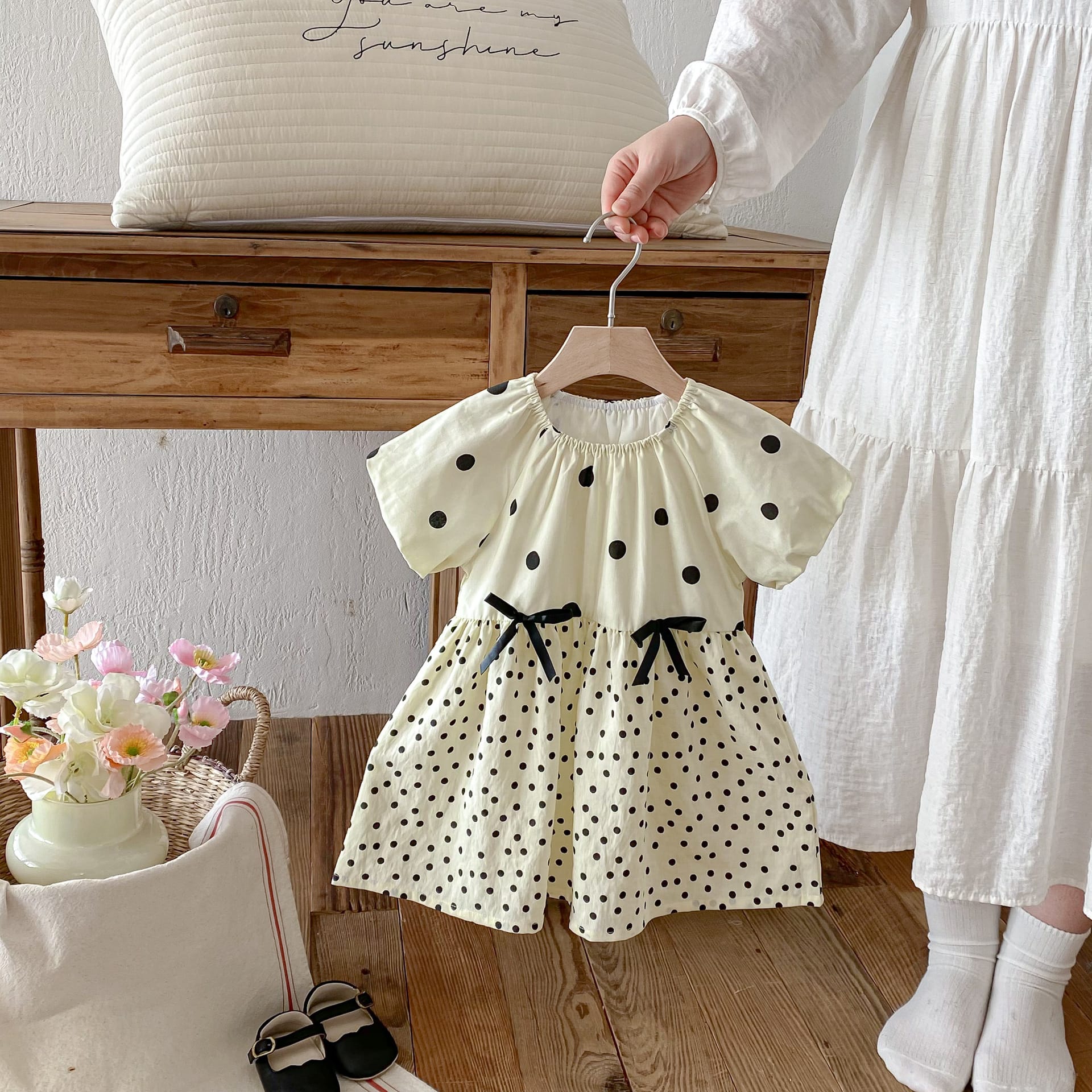 Polka Dot Puff Sleeve Ribbon Dress ドット柄 パフスリーブ ワンピース【mh0012726】 angou 半袖ワンピース