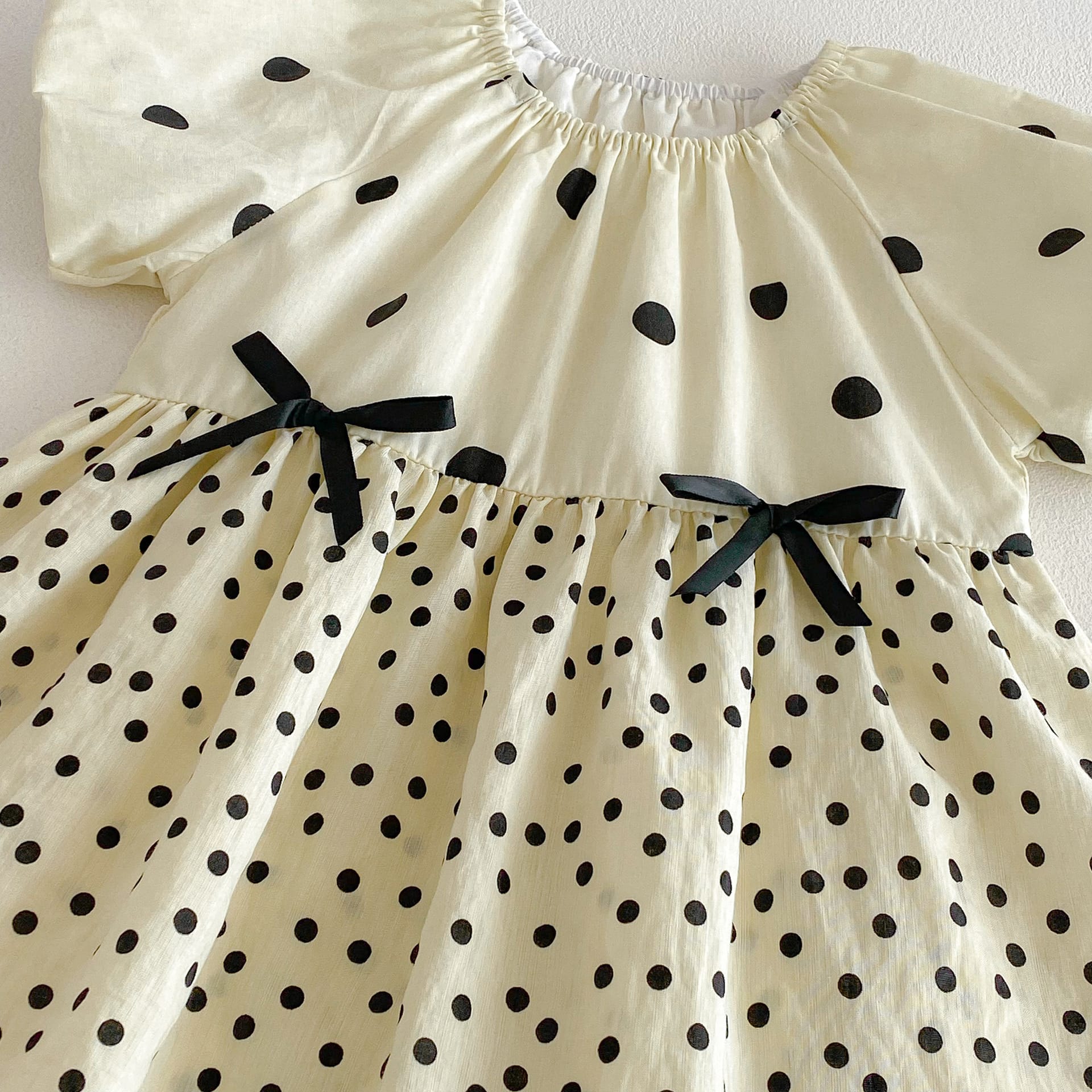 Polka Dot Puff Sleeve Ribbon Dress ドット柄 パフスリーブ ワンピース【mh0012726】 angou 半袖ワンピース