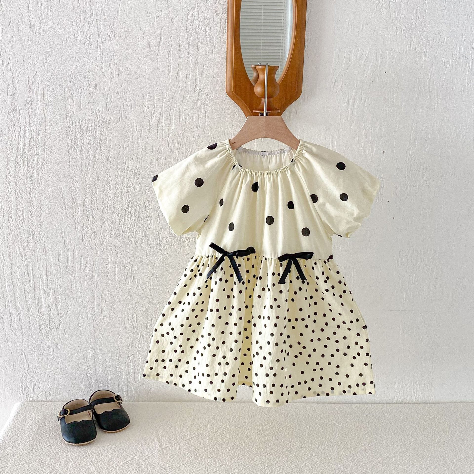 Polka Dot Puff Sleeve Ribbon Dress ドット柄 パフスリーブ ワンピース【mh0012726】 angou 半袖ワンピース