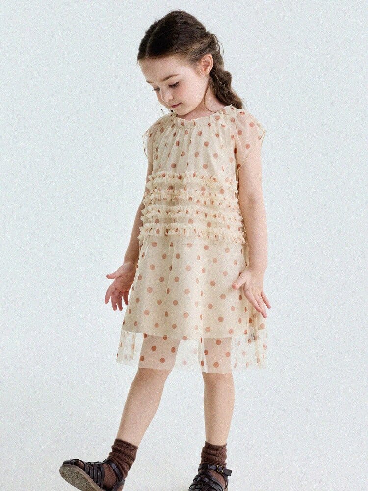 Polka Dot Ruffle Mesh Dress チュール フレンチスリーブワンピース【mh0013199】 yunerma ノースリーブワンピース