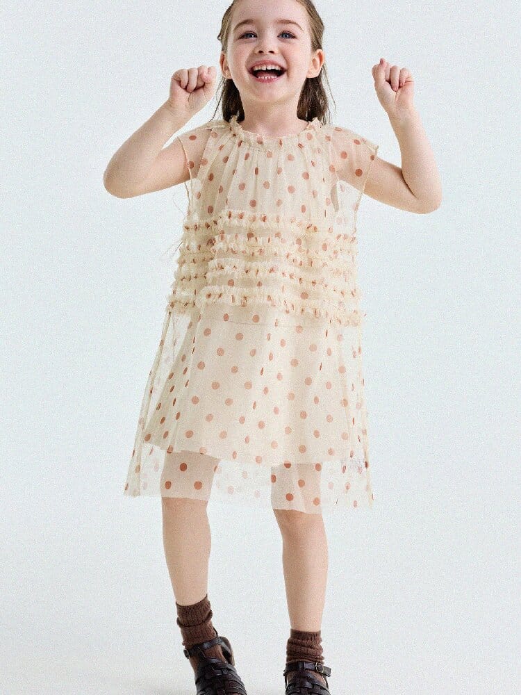 Polka Dot Ruffle Mesh Dress チュール フレンチスリーブワンピース【mh0013199】 yunerma ノースリーブワンピース