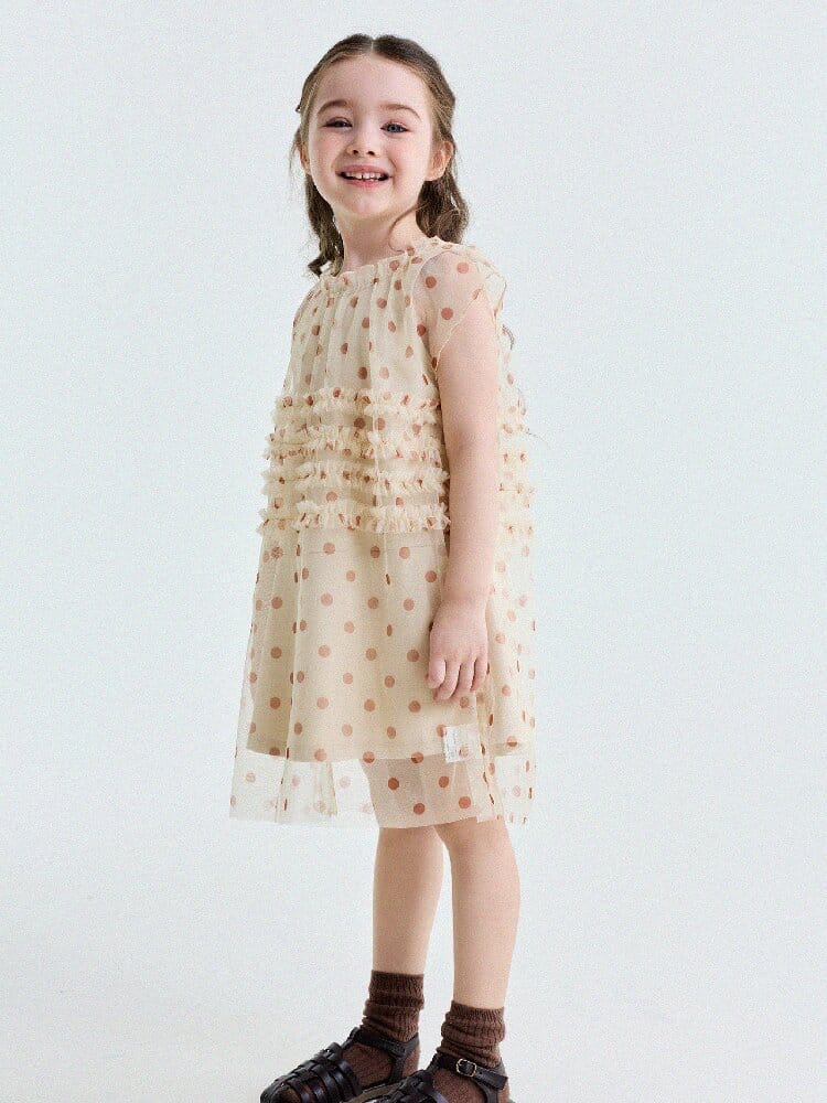 Polka Dot Ruffle Mesh Dress チュール フレンチスリーブワンピース【mh0013199】 yunerma ノースリーブワンピース
