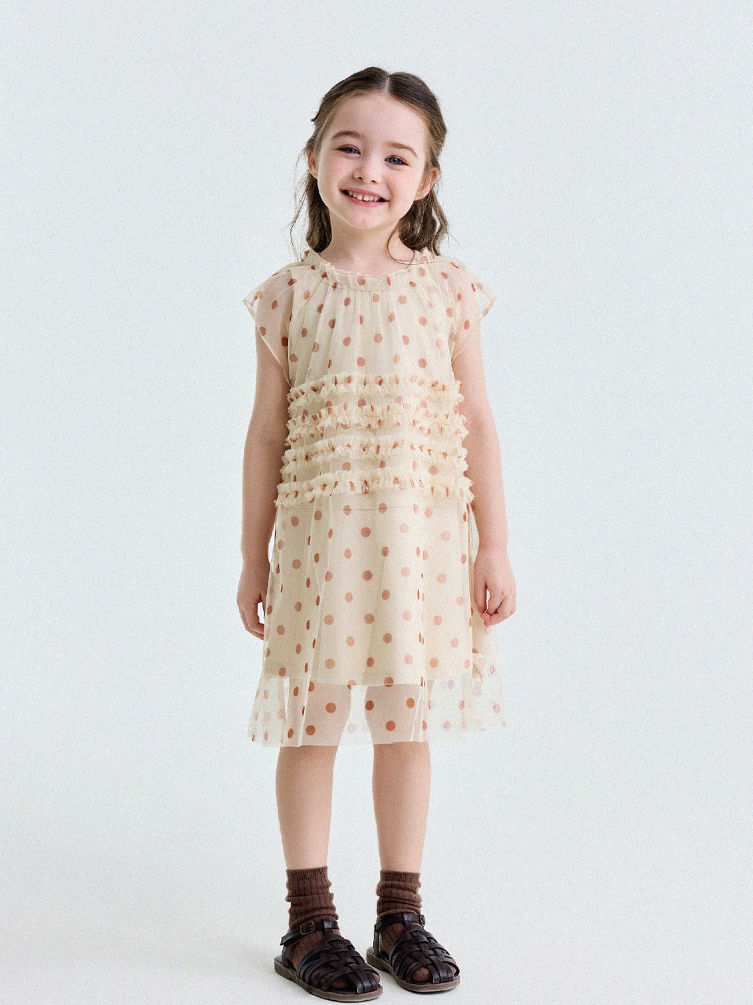 Polka Dot Ruffle Mesh Dress チュール フレンチスリーブワンピース【mh0013199】 yunerma ノースリーブワンピース