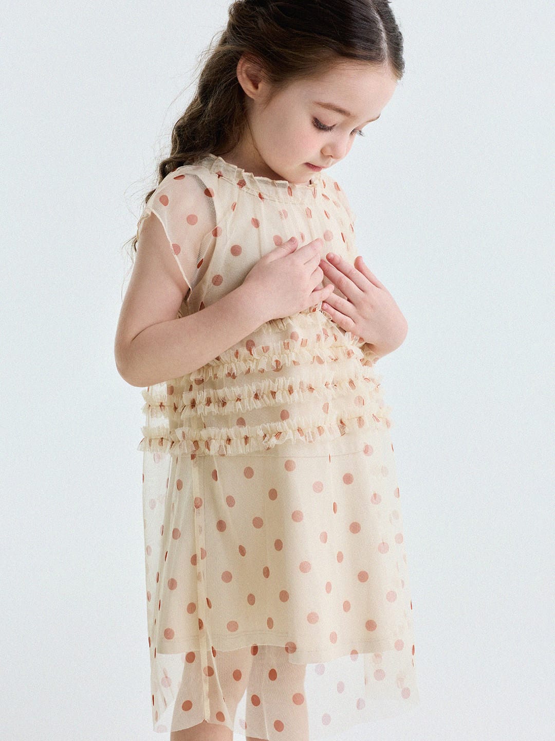 Polka Dot Ruffle Mesh Dress チュール フレンチスリーブワンピース【mh0013199】 yunerma ノースリーブワンピース