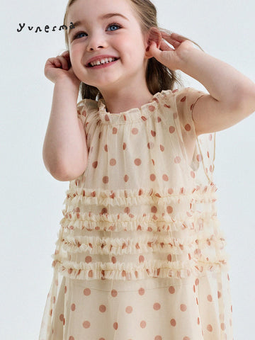 Polka Dot Ruffle Mesh Dress チュール フレンチスリーブワンピース【mh0013199】 yunerma ノースリーブワンピース