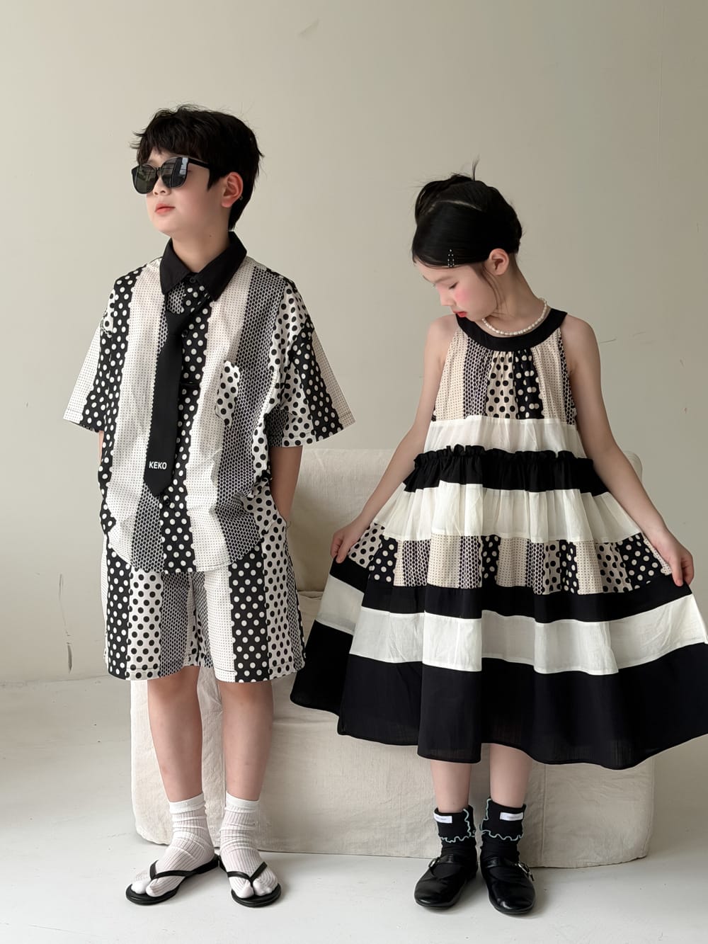 Polka-Dot Shorts Dress Set パッチワーク ノースリーブワンピース 半袖シャツ ハーフパンツ【mh0013134】 KUMAI.KIDS 半袖セットアップ