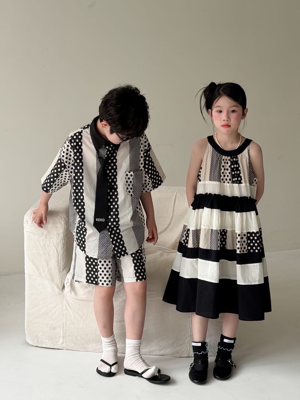 Polka-Dot Shorts Dress Set パッチワーク ノースリーブワンピース 半袖シャツ ハーフパンツ【mh0013134】 KUMAI.KIDS 半袖セットアップ