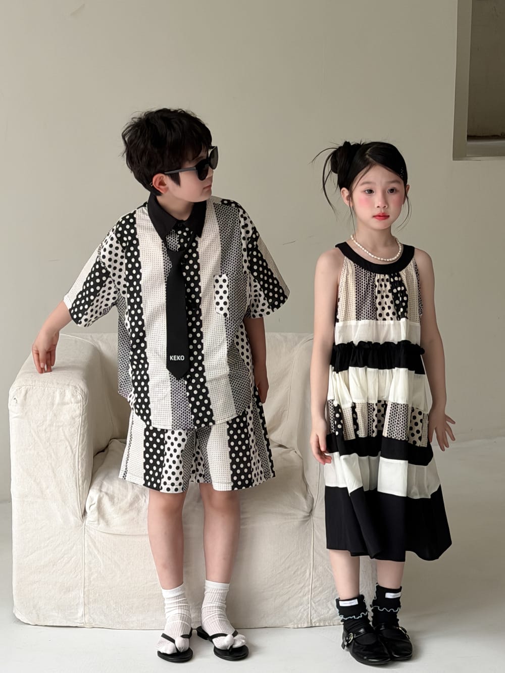 Polka-Dot Shorts Dress Set パッチワーク ノースリーブワンピース 半袖シャツ ハーフパンツ【mh0013134】 KUMAI.KIDS 半袖セットアップ
