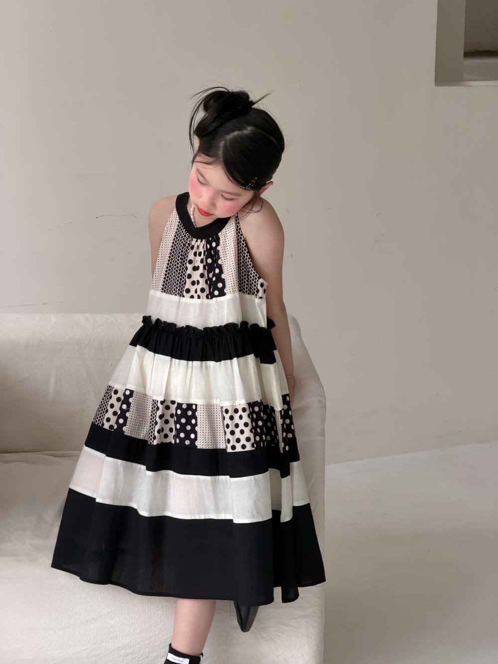 Polka-Dot Shorts Dress Set パッチワーク ノースリーブワンピース 半袖シャツ ハーフパンツ【mh0013134】 KUMAI.KIDS 半袖セットアップ