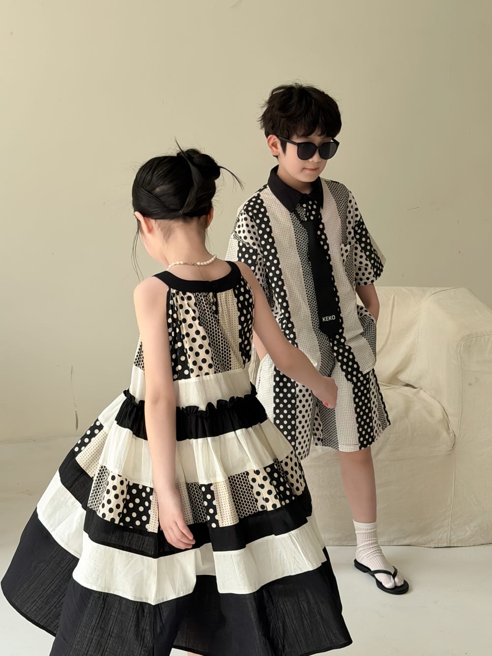Polka-Dot Shorts Dress Set パッチワーク ノースリーブワンピース 半袖シャツ ハーフパンツ【mh0013134】 KUMAI.KIDS 半袖セットアップ