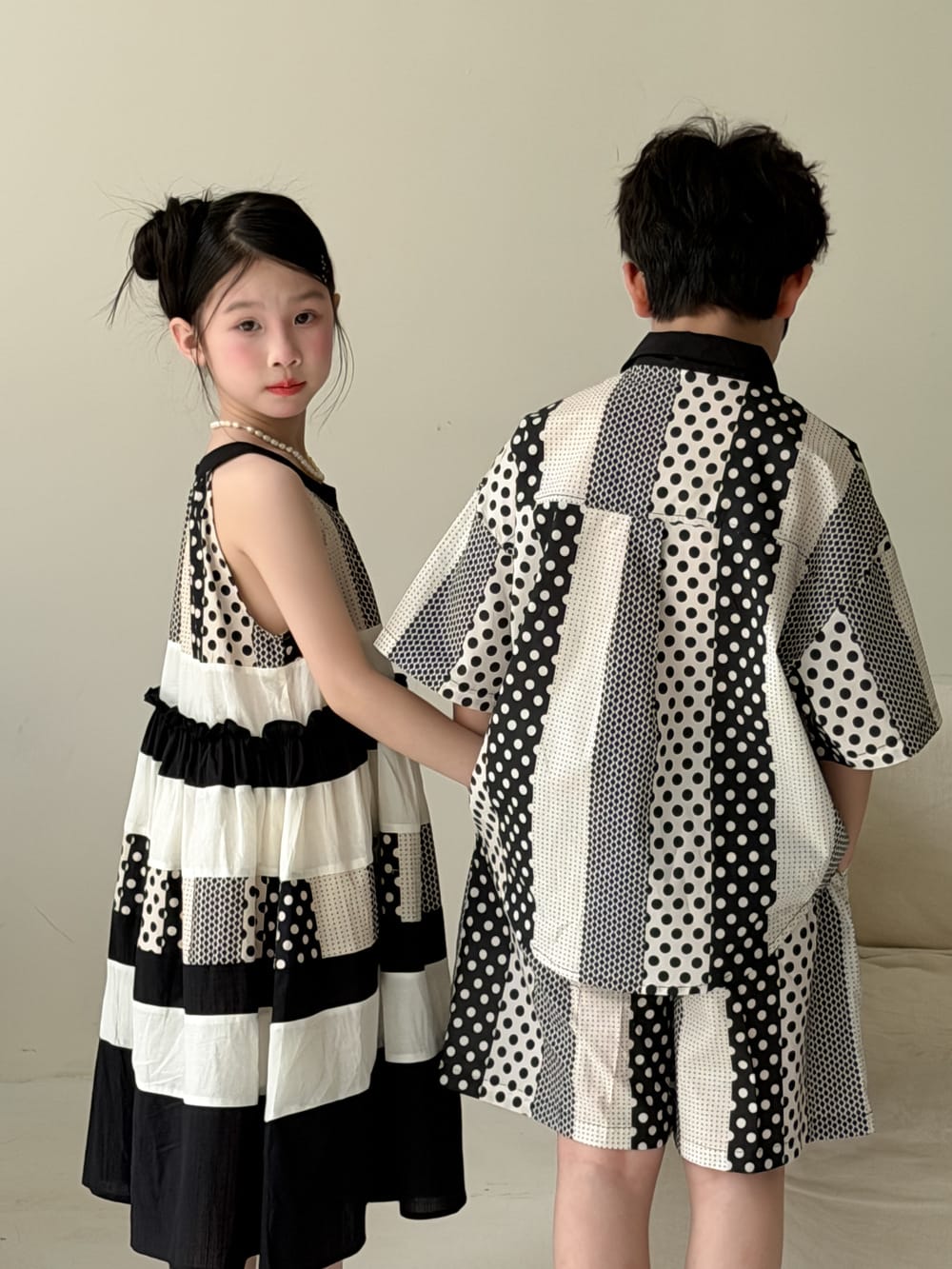 Polka-Dot Shorts Dress Set パッチワーク ノースリーブワンピース 半袖シャツ ハーフパンツ【mh0013134】 KUMAI.KIDS 半袖セットアップ