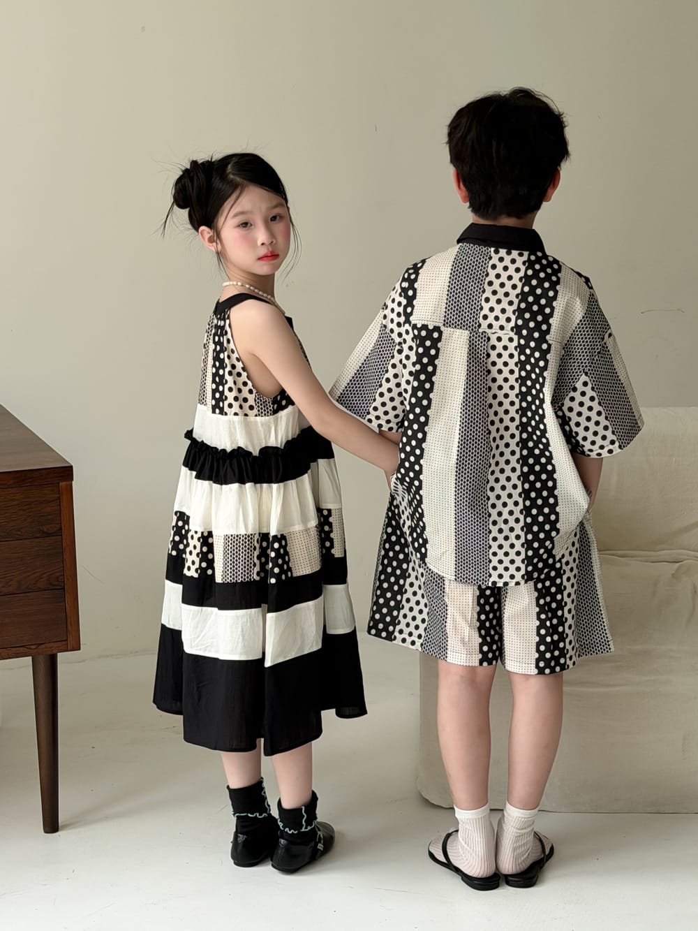 Polka-Dot Shorts Dress Set パッチワーク ノースリーブワンピース 半袖シャツ ハーフパンツ【mh0013134】 KUMAI.KIDS 半袖セットアップ