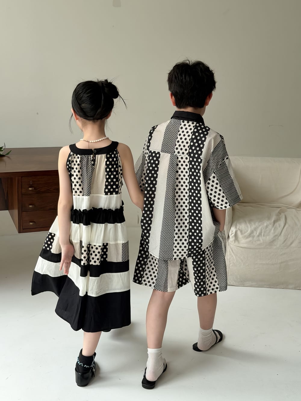 Polka-Dot Shorts Dress Set パッチワーク ノースリーブワンピース 半袖シャツ ハーフパンツ【mh0013134】 KUMAI.KIDS 半袖セットアップ