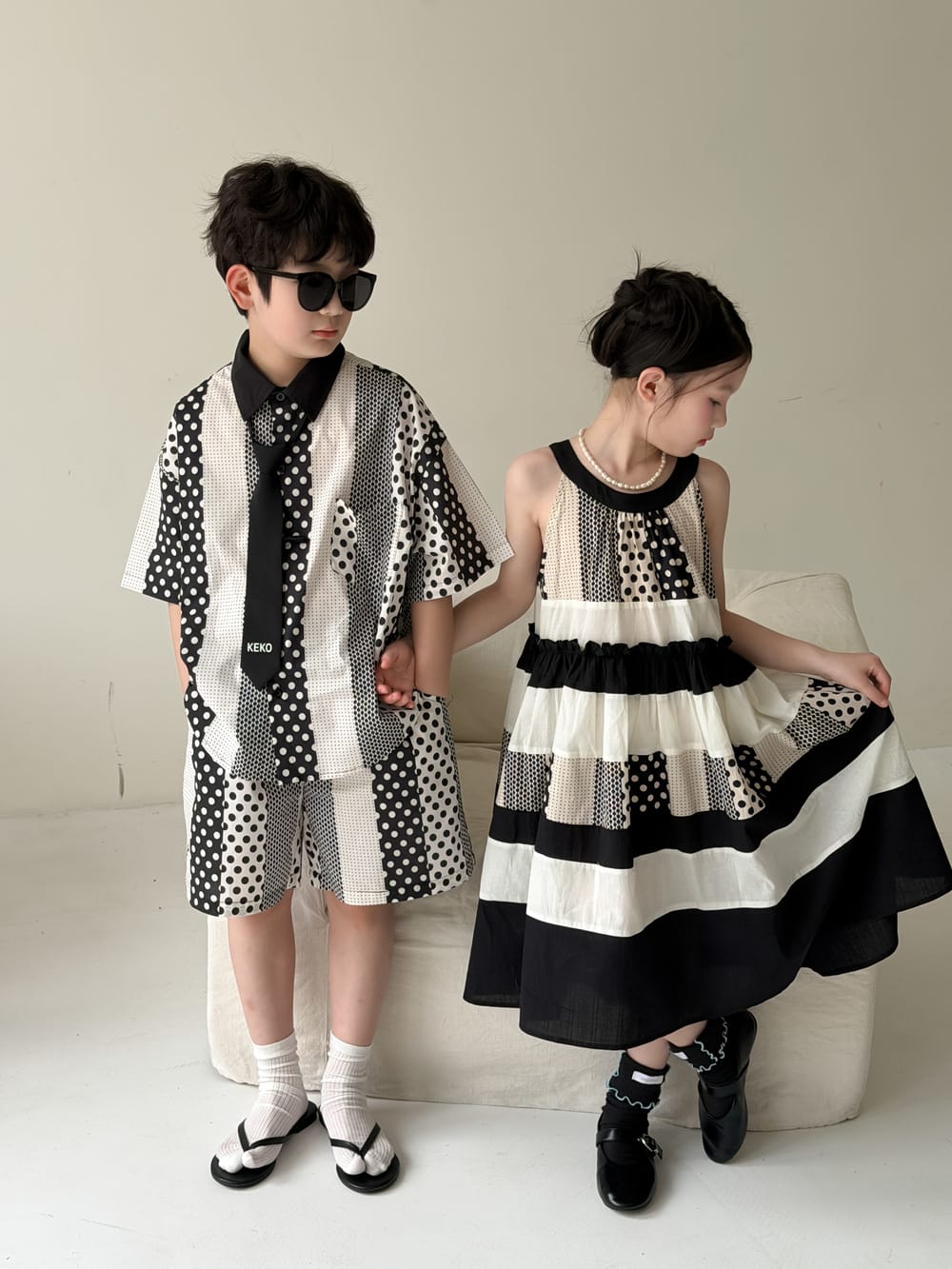 Polka-Dot Shorts Dress Set パッチワーク ノースリーブワンピース 半袖シャツ ハーフパンツ【mh0013134】 KUMAI.KIDS 半袖セットアップ