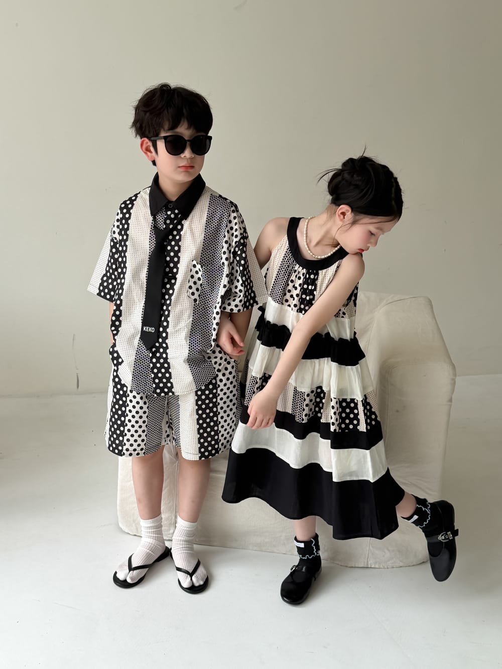 Polka-Dot Shorts Dress Set パッチワーク ノースリーブワンピース 半袖シャツ ハーフパンツ【mh0013134】 KUMAI.KIDS 半袖セットアップ