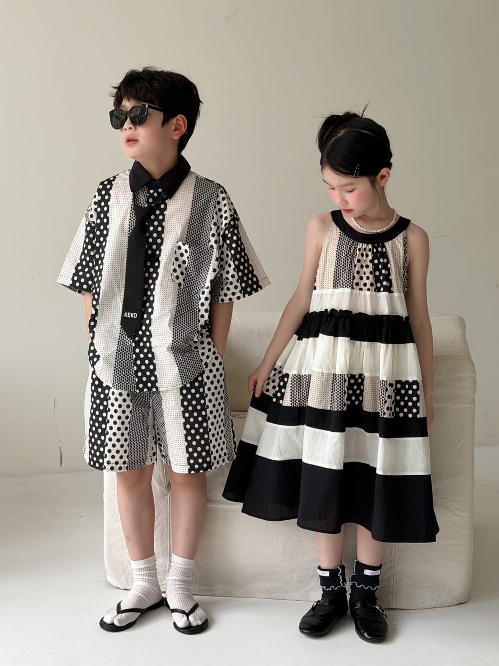 Polka-Dot Shorts Dress Set パッチワーク ノースリーブワンピース 半袖シャツ ハーフパンツ【mh0013134】 KUMAI.KIDS 半袖セットアップ