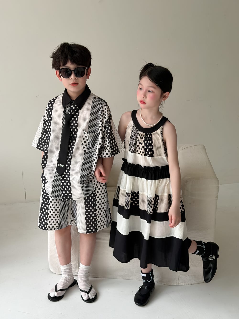Polka-Dot Shorts Dress Set パッチワーク ノースリーブワンピース 半袖シャツ ハーフパンツ【mh0013134】 KUMAI.KIDS 半袖セットアップ