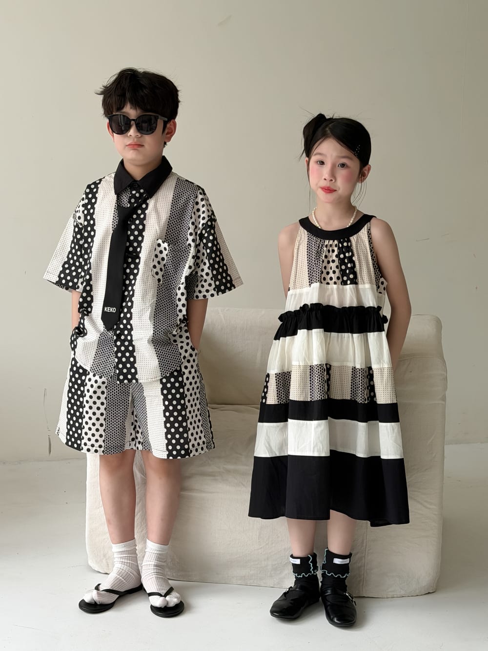 Polka-Dot Shorts Dress Set パッチワーク ノースリーブワンピース 半袖シャツ ハーフパンツ【mh0013134】 KUMAI.KIDS 半袖セットアップ