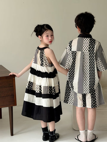 Polka-Dot Shorts Dress Set パッチワーク ノースリーブワンピース 半袖シャツ ハーフパンツ【mh0013134】 KUMAI.KIDS 半袖セットアップ