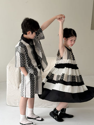 Polka-Dot Shorts Dress Set パッチワーク ノースリーブワンピース 半袖シャツ ハーフパンツ【mh0013134】 KUMAI.KIDS 半袖セットアップ