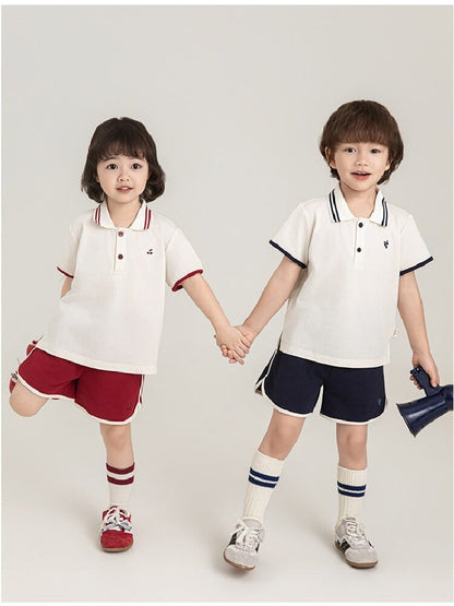 子ども用ポロシャツ・ショートパンツセット（生成りポロ×赤/紺ショーツ）